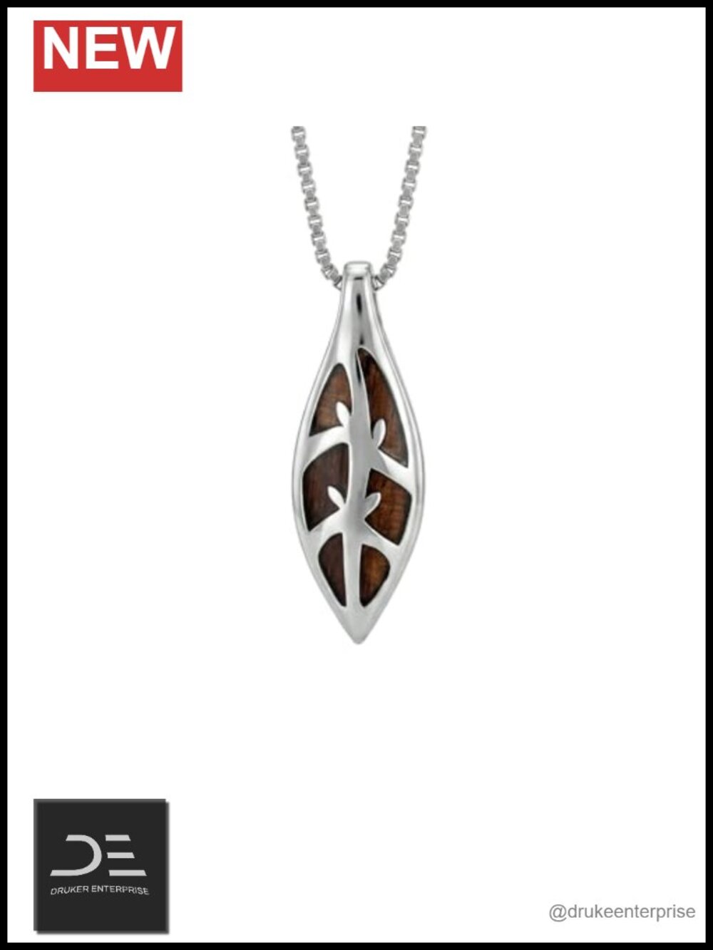 Sterling Silver Koa Wood Maile Leaf Necklace with 18 Box Chain